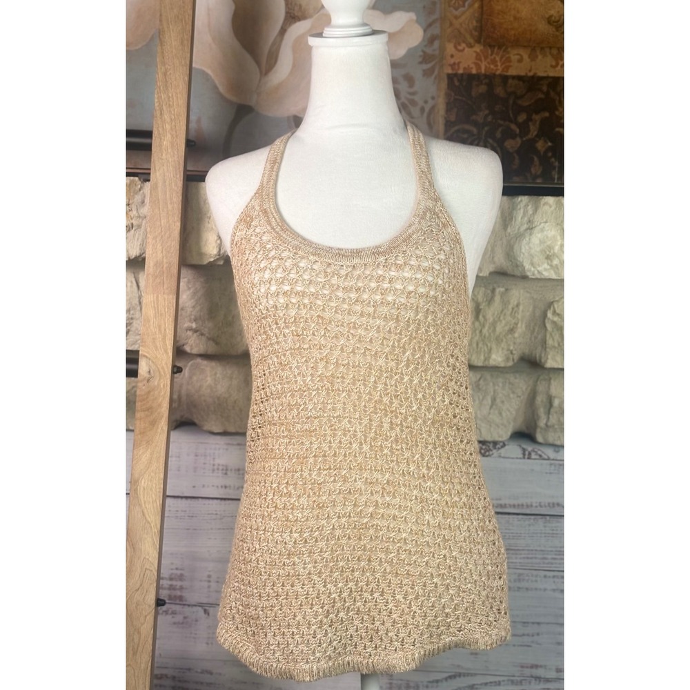 Lucky Brand Metallic Gold Crochet Knit Halter Tank Top Size XS